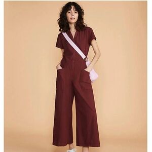 LACAUSA V Neck Short Sleeve Button Down Wide Leg Bungalow Jumpsuit Maroon, Small